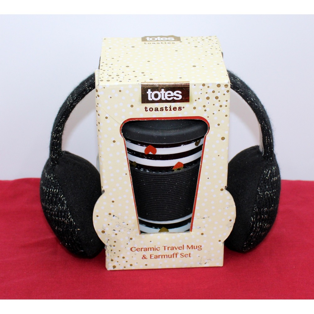 Totes Toasties Ceramic Travel Mug and Earmuff Set Black Heart Gold Shimmer NIB